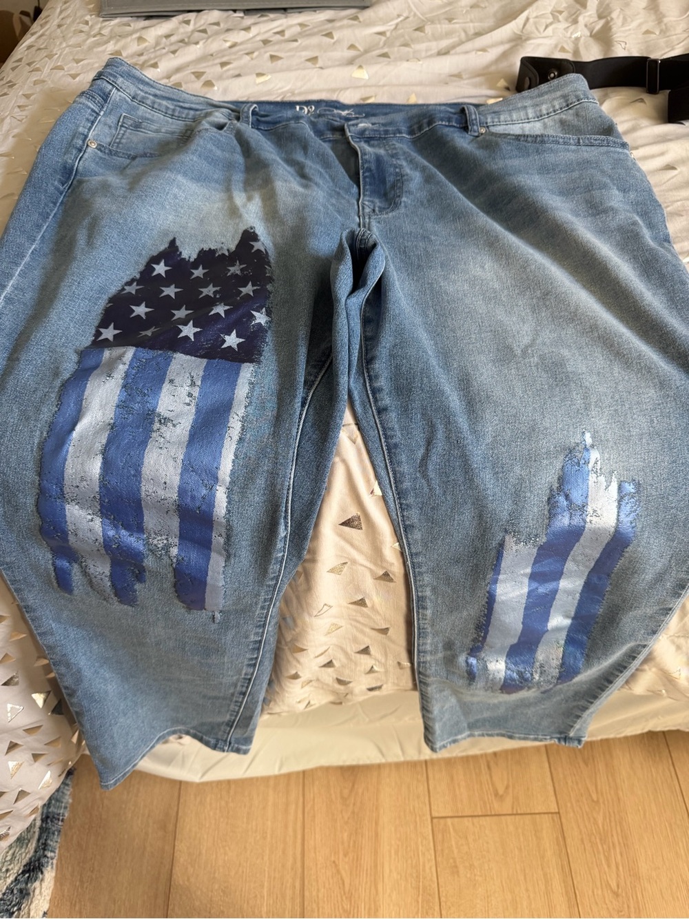 DG2 by Diane Gilman Light Blue Straight Leg Jeans with Blue & silver flag. Plus